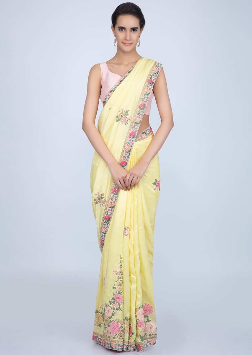 Blonde yellow dupion silk saree with floral embroidered butti and border only on Kalki