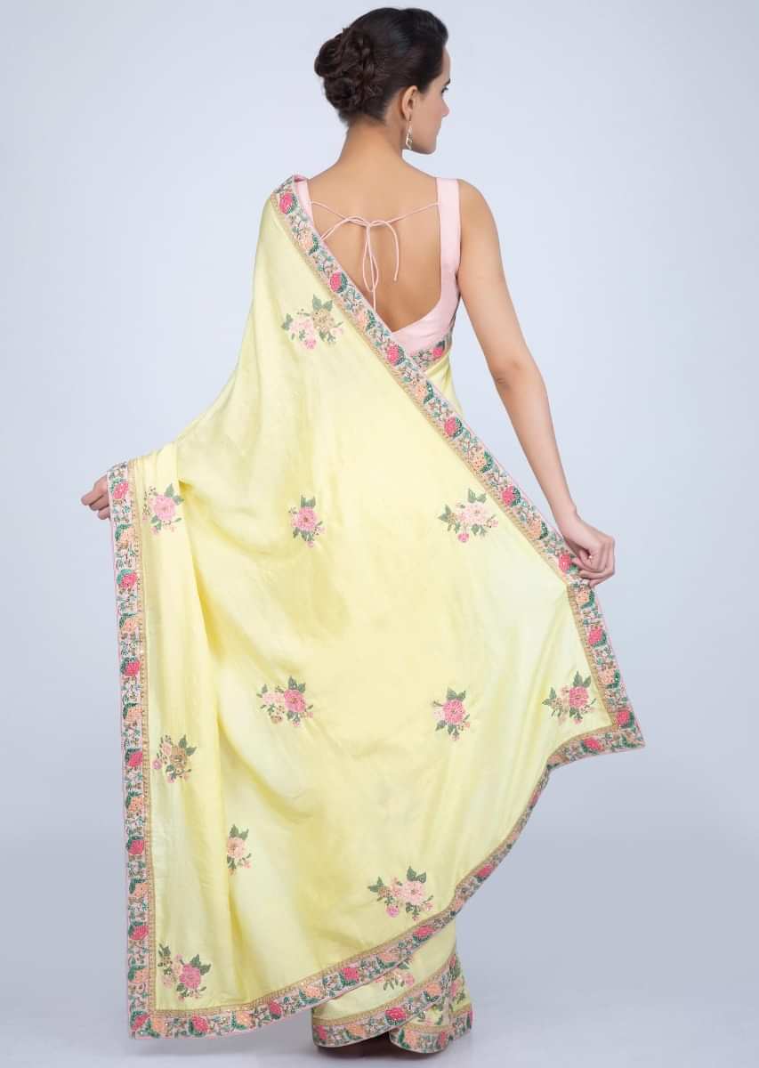 Blonde yellow dupion silk saree with floral embroidered butti and border only on Kalki