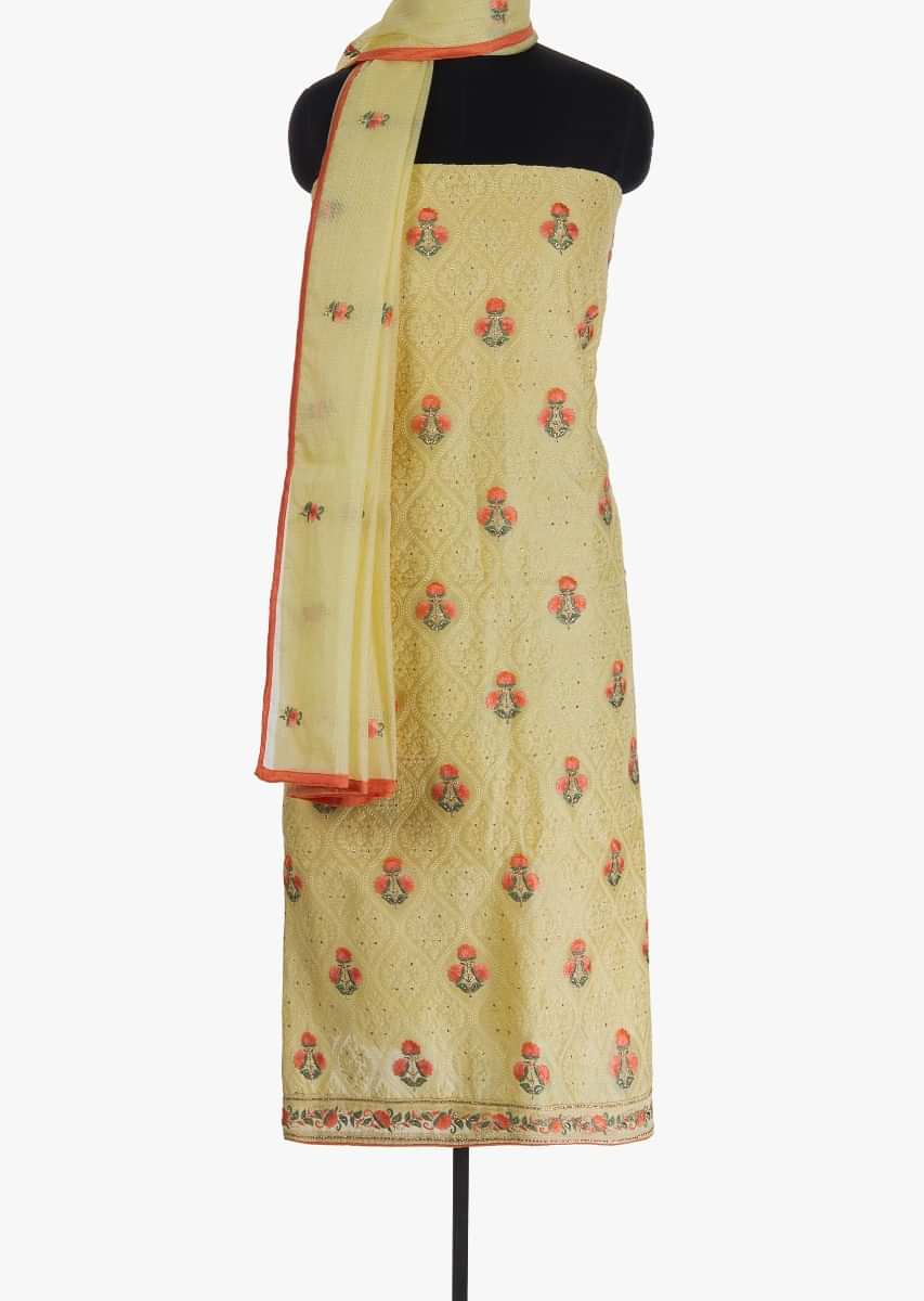 Blonde yellow unstitched cotton suit in lucknowi thread work in floral and Moroccan motif