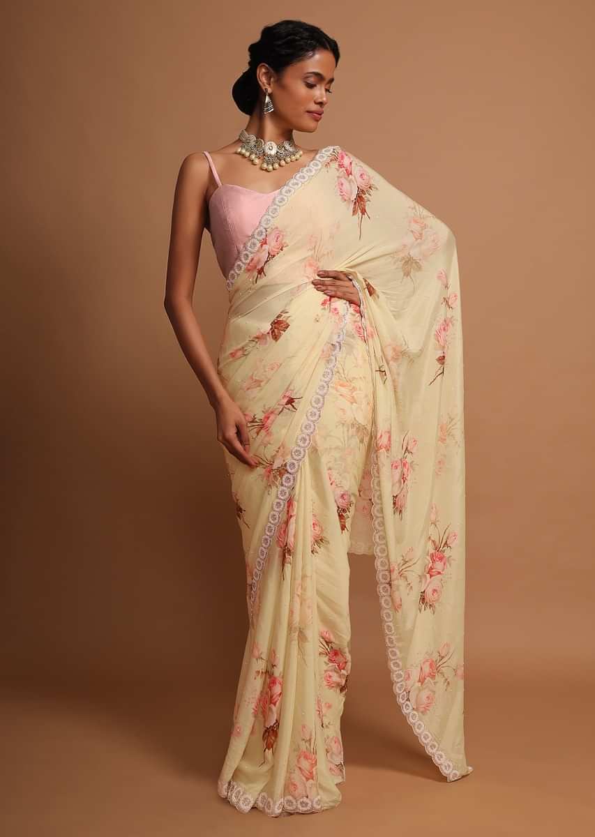 Floral Style Organza Digital Printed Saree with allover thread & zari work  border -Style Array