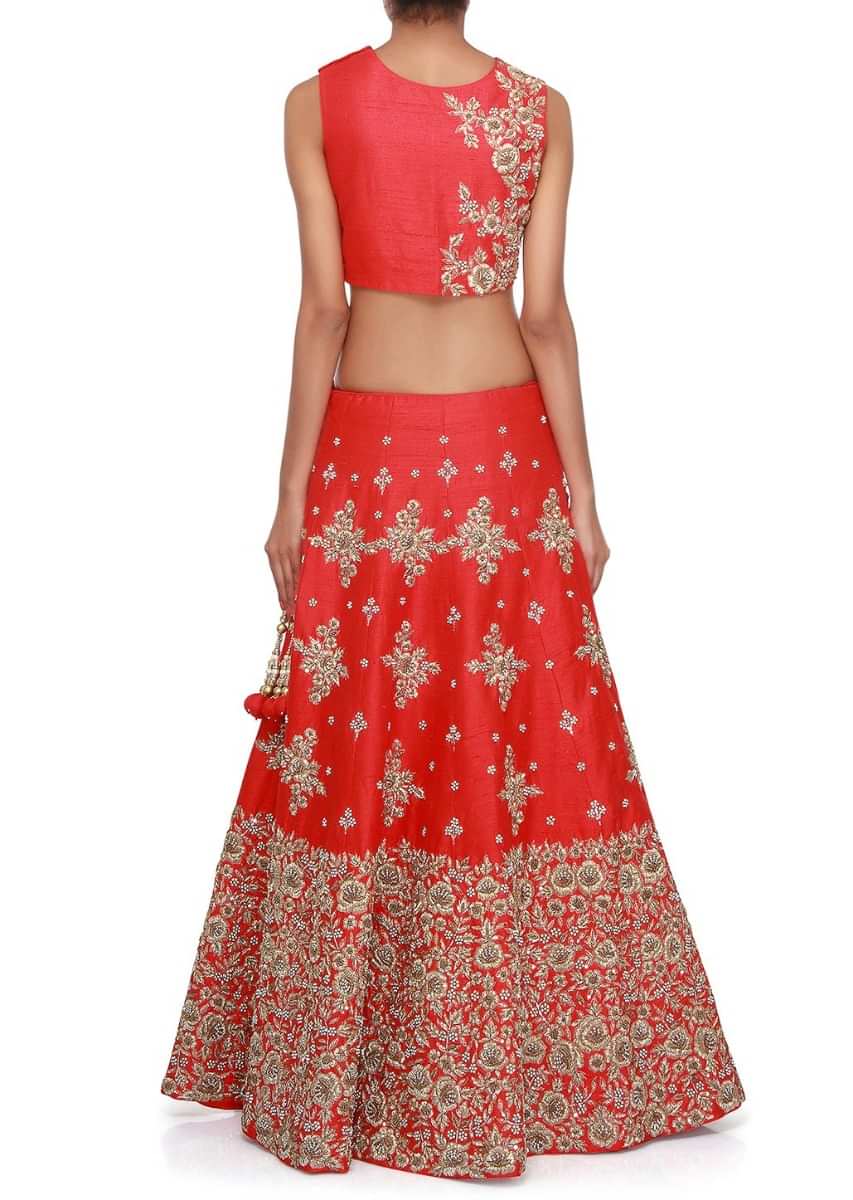 Blood lehenga features with moti and zari embroidery only on Kalki