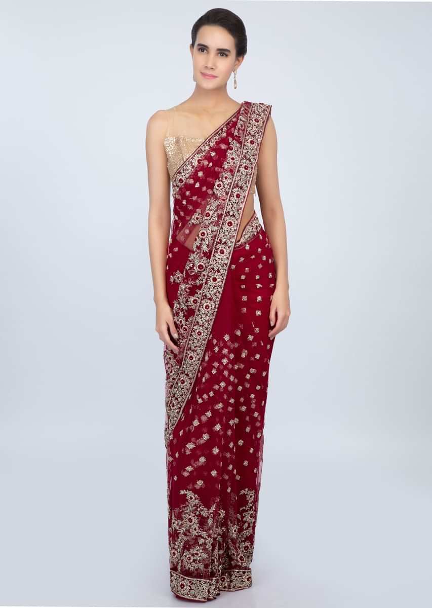 Blood Red Saree In Hard Net With Embroidered Butti And Border Online - Kalki Fashion