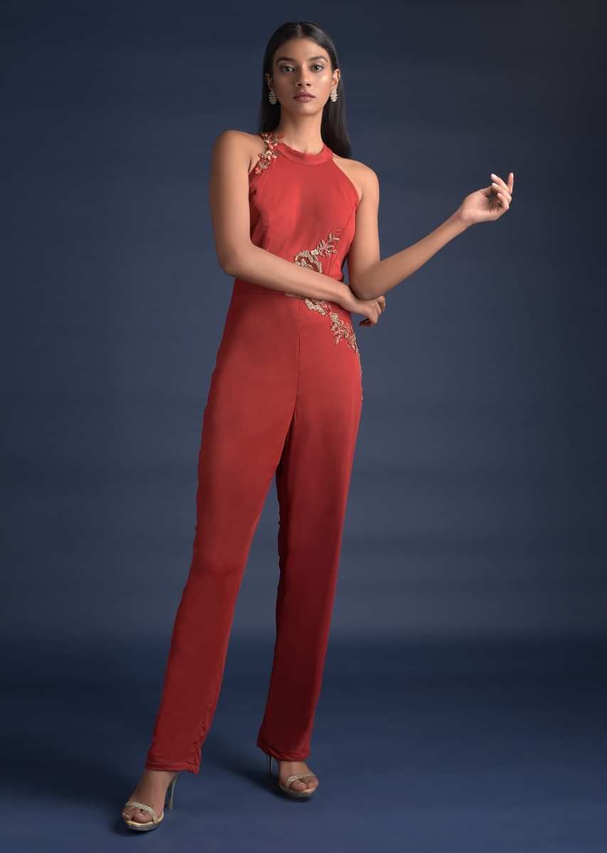 Red Jumpsuit With Cut On Shoulder | MOE | SilkFred