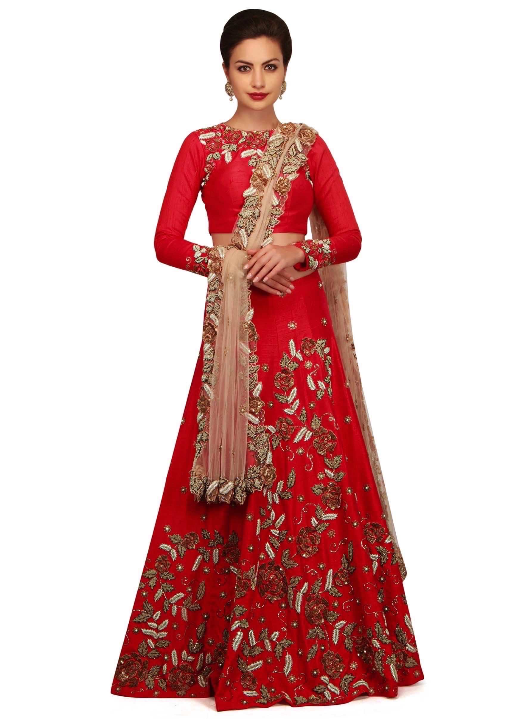 Blood red lehenga in resham and floral embroidery only on Kalki