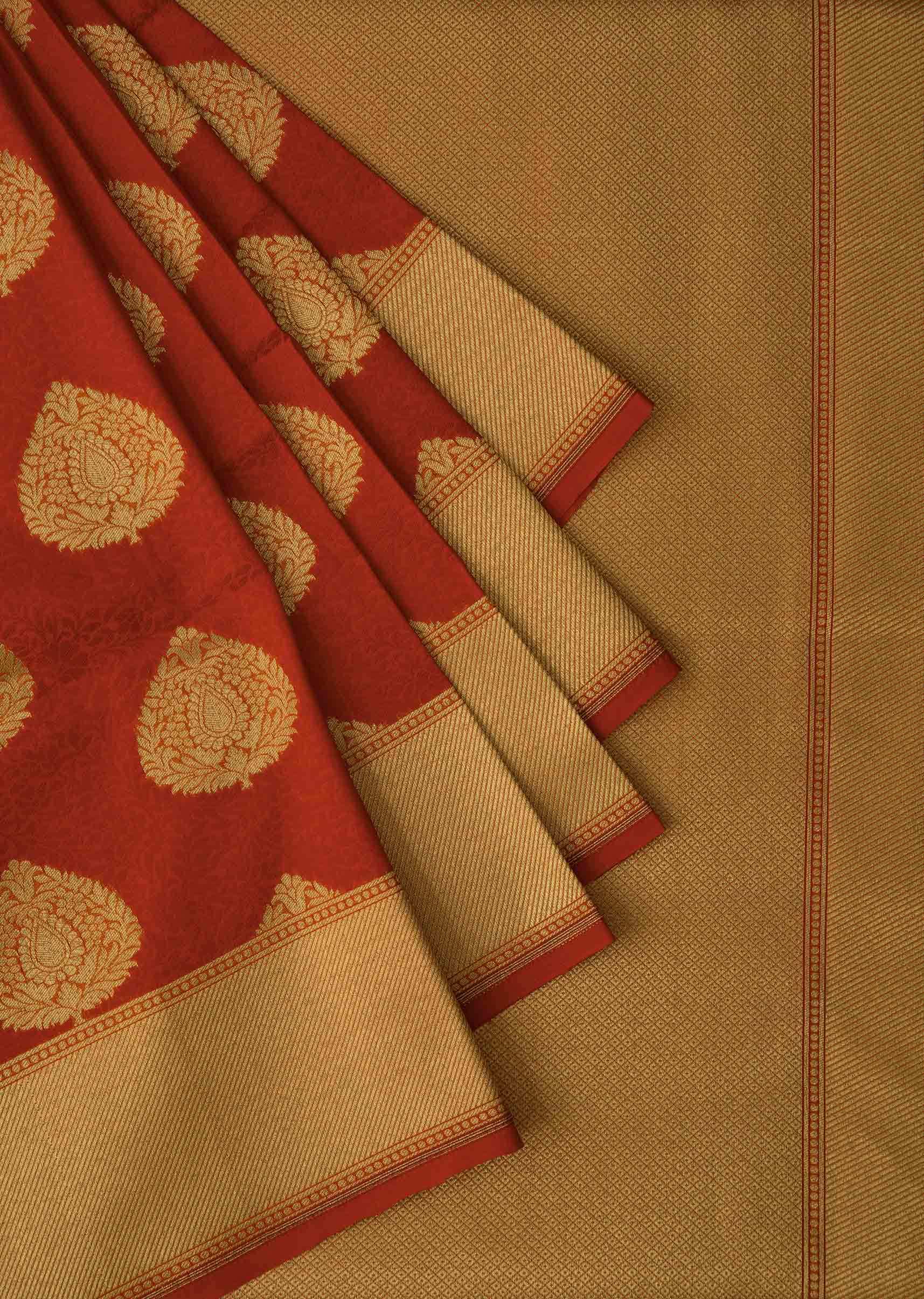 Blood red saree in chanderi silk with pan motif zari weaved butt