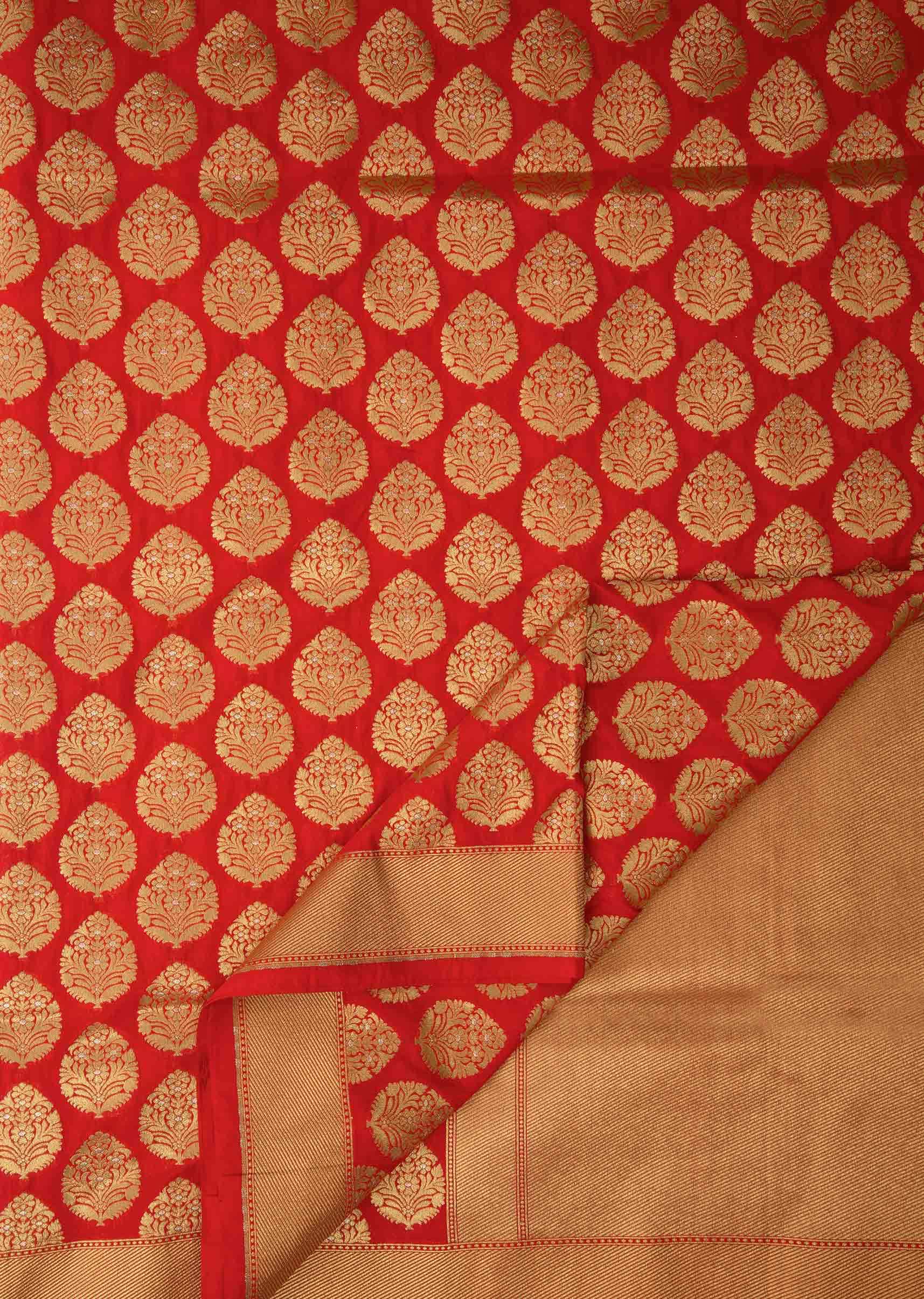Blood red saree in chanderi silk with zari weaved butti and brocade pallav
