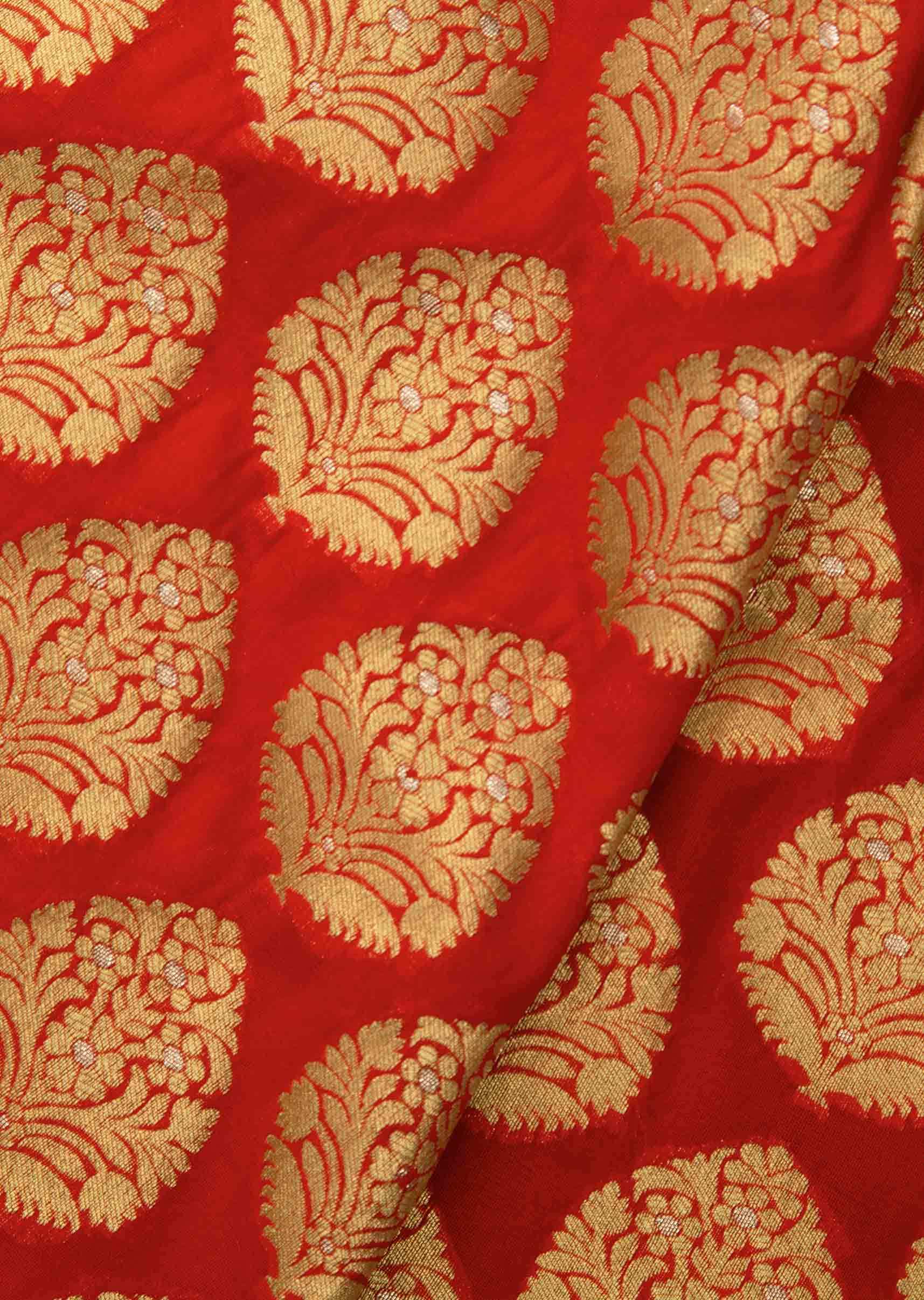 Blood red saree in chanderi silk with zari weaved butti and brocade pallav