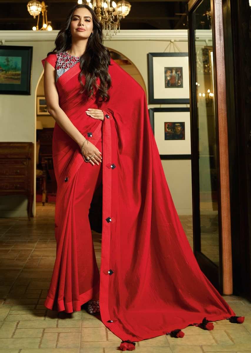 Red Soft Net Embroidered Party-Wear Stylish Lehenga With Contrast Blouse