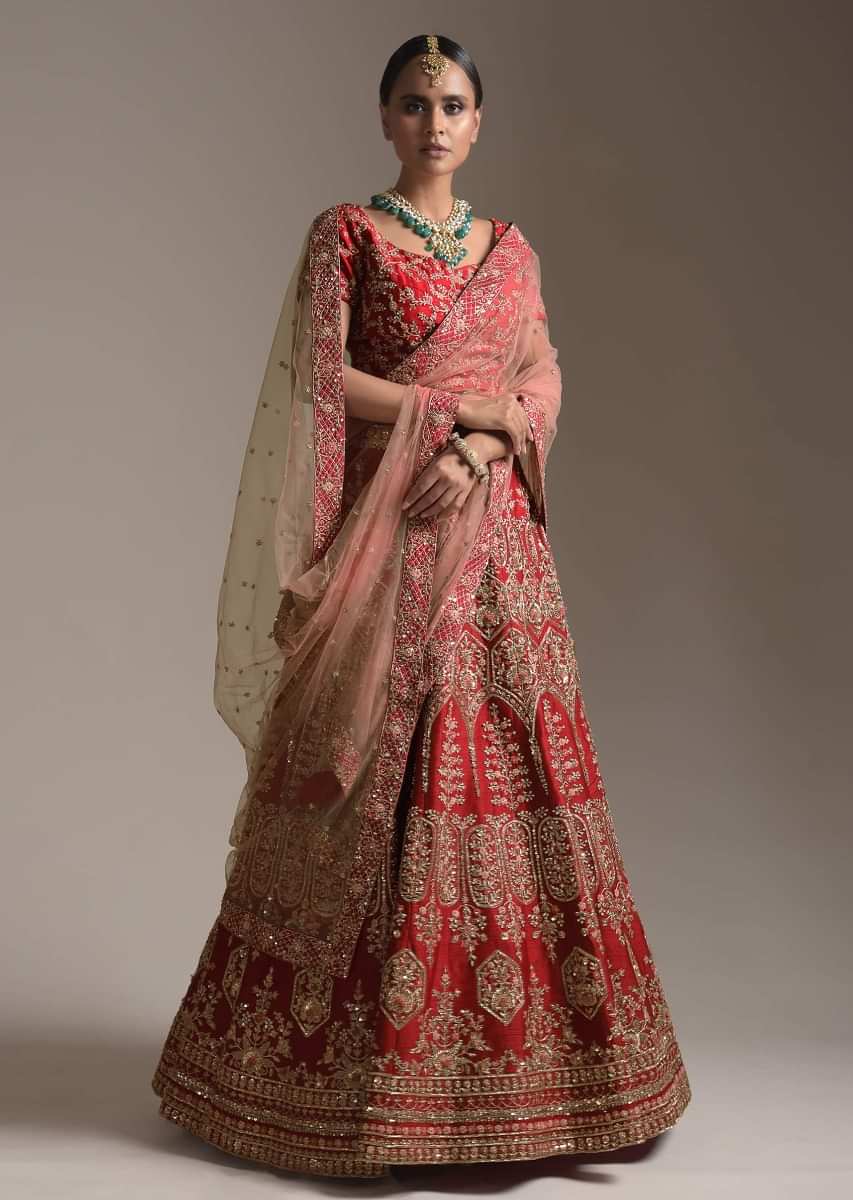 Blood Red Lehenga Choli In Raw Silk With Resham And Cut Dana Embroidered Floral And Geometric Design Online - Kalki Fashion