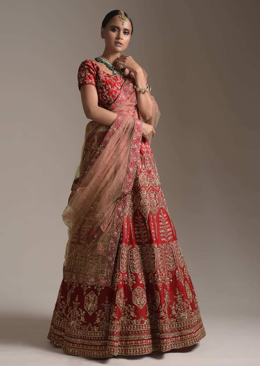 Blood Red Lehenga Choli In Raw Silk With Resham And Cut Dana Embroidered Floral And Geometric Design Online - Kalki Fashion