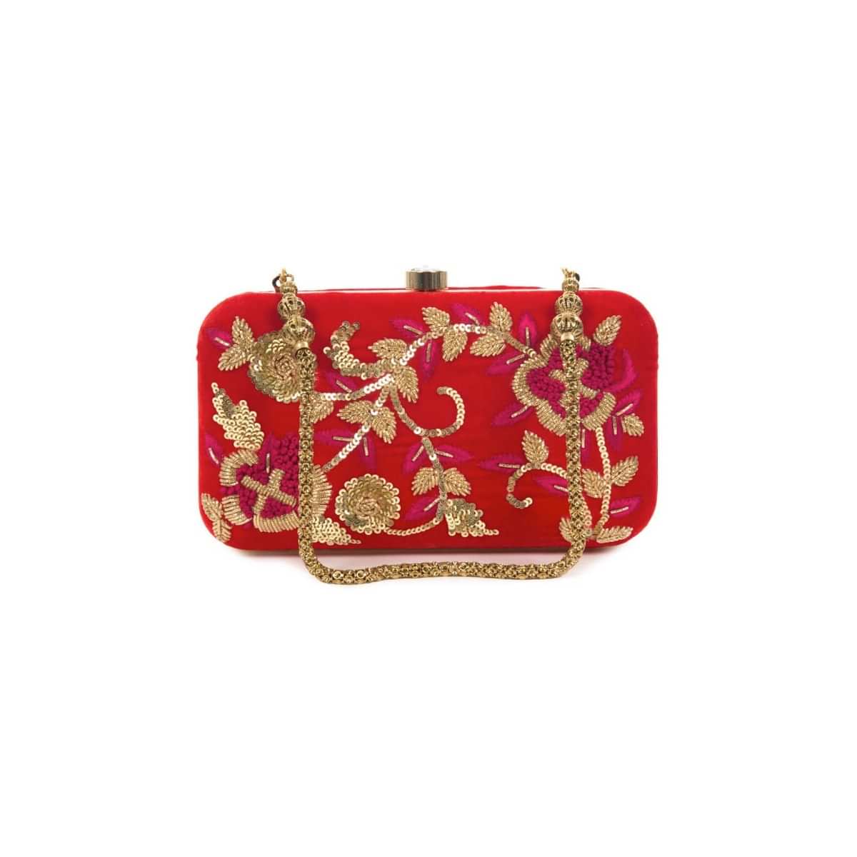Blood red rectangular clutch adorn in floral embroidery 