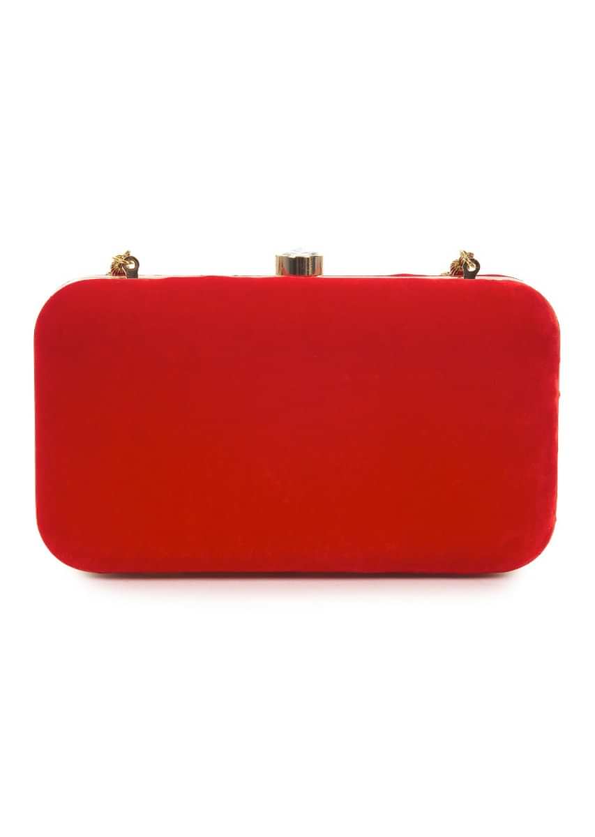 Blood red rectangular clutch adorn in floral embroidery 