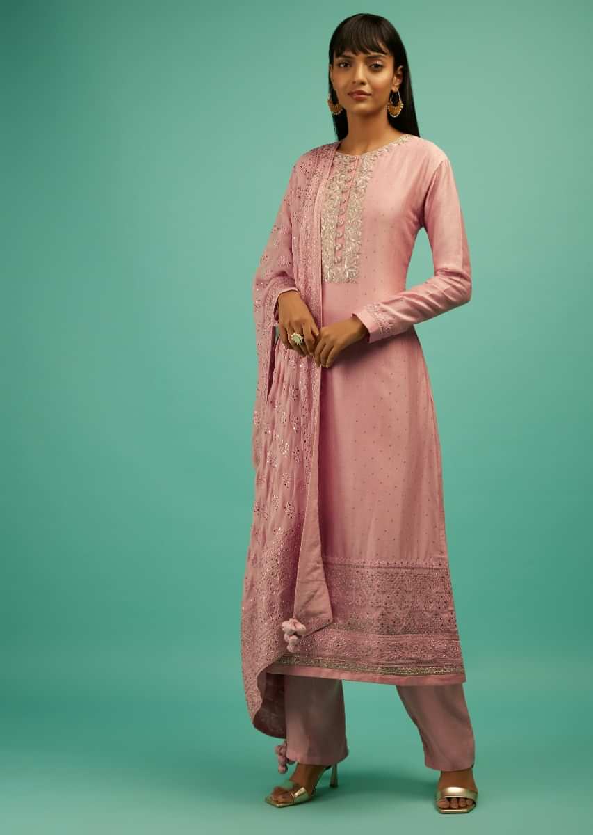 Blossom Pink Straight Cut Suit With Zardosi Work On The Yoke And An Georgette Dupatta With Butti Work  