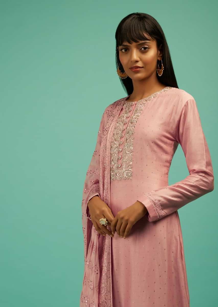 Blossom Pink Straight Cut Suit With Zardosi Work On The Yoke And An Georgette Dupatta With Butti Work  