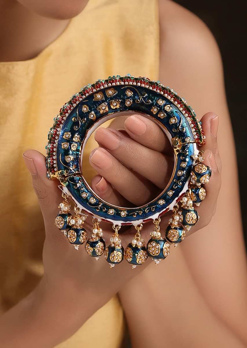 Blue Bangle Featuring Hand Painted Minakari And Traditional Punjabi Jadau Work With Shell Pearls By Paisley Pop