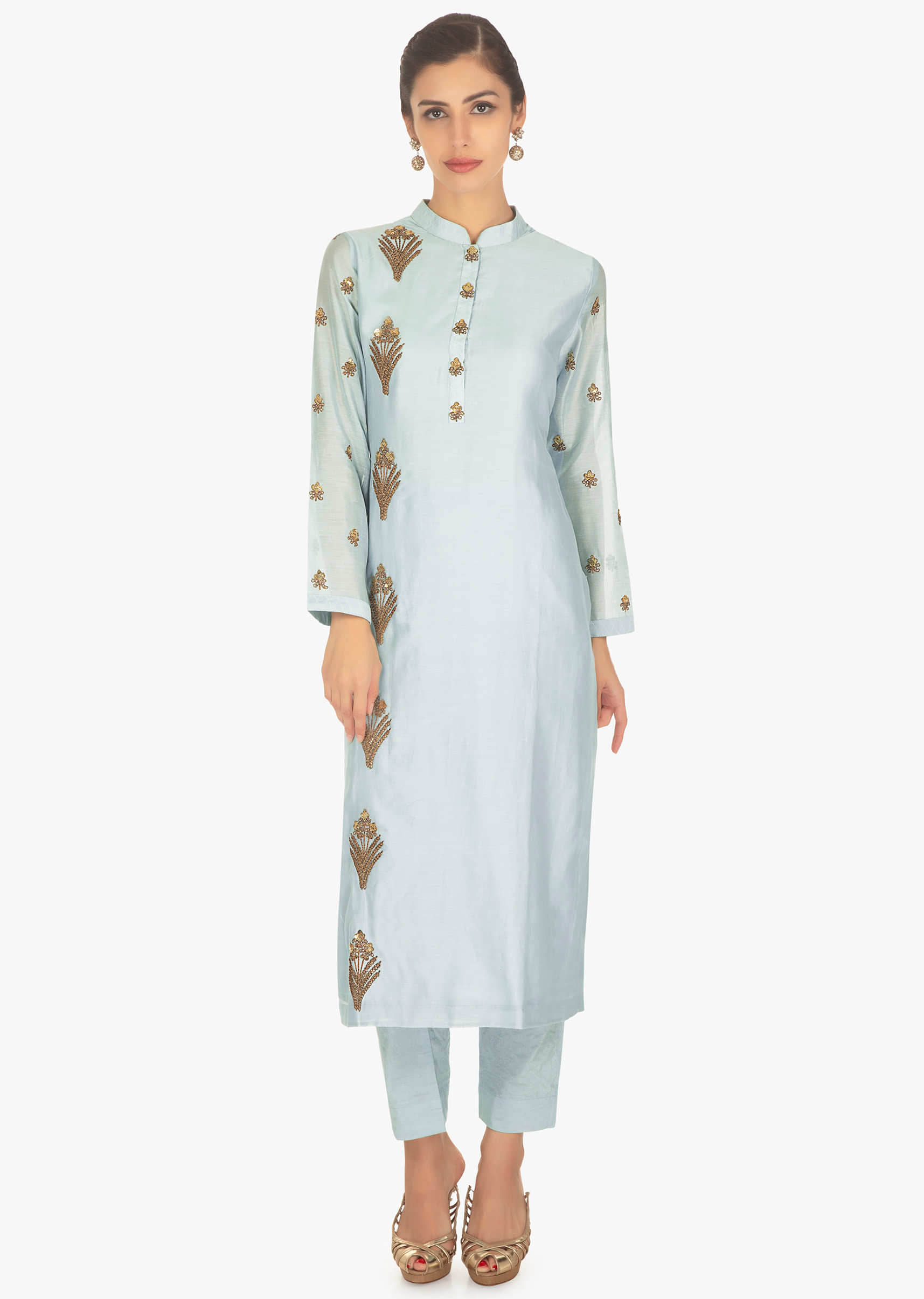 Blue cotton straight suit intricated in zardosi and sequins butti