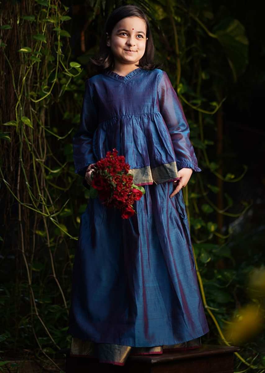 Kalki Girls Blue Dress In Cotton Silk With A Loose Comfort Fit And Tie Up At The Back By Love The World Today