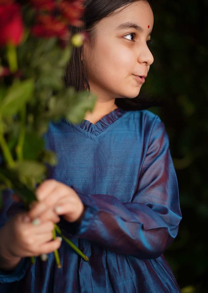 Kalki Girls Blue Dress In Cotton Silk With A Loose Comfort Fit And Tie Up At The Back By Love The World Today