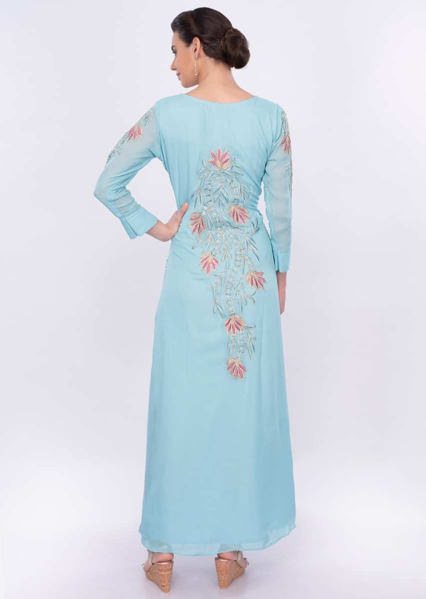 Blue georgette tunic dress with floral embroidery only on Kalki
