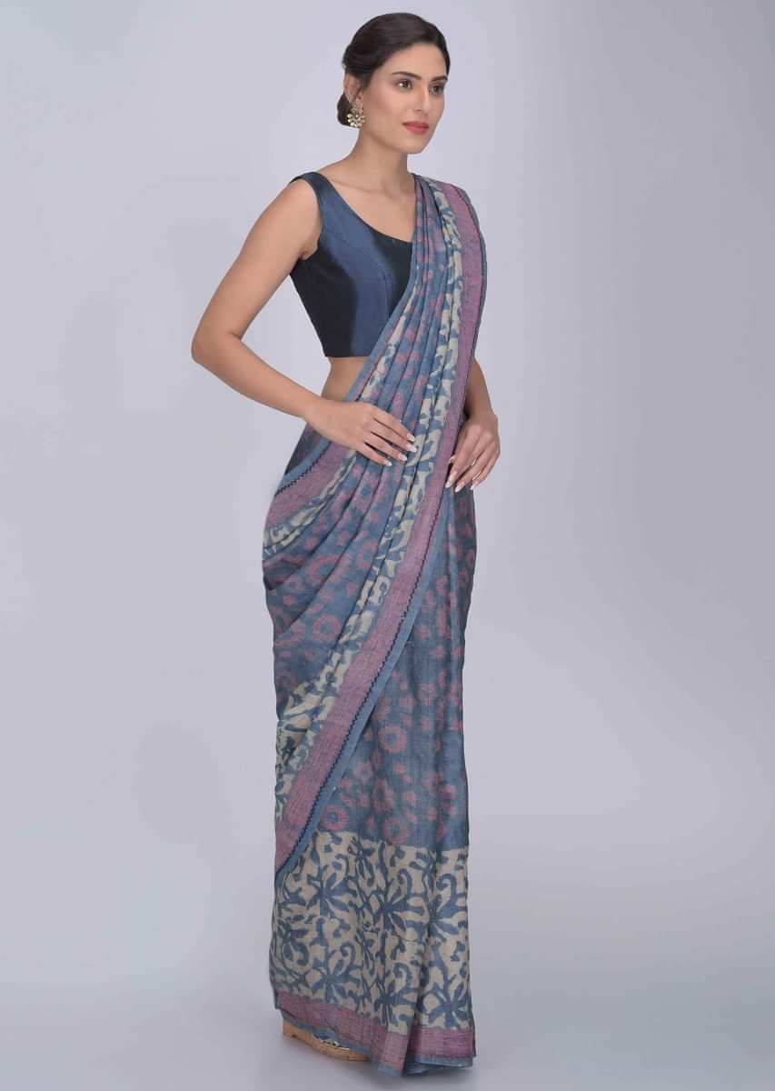 Blue Gray Saree In Tussar Silk With Batik Print Online - Kalki Fashion