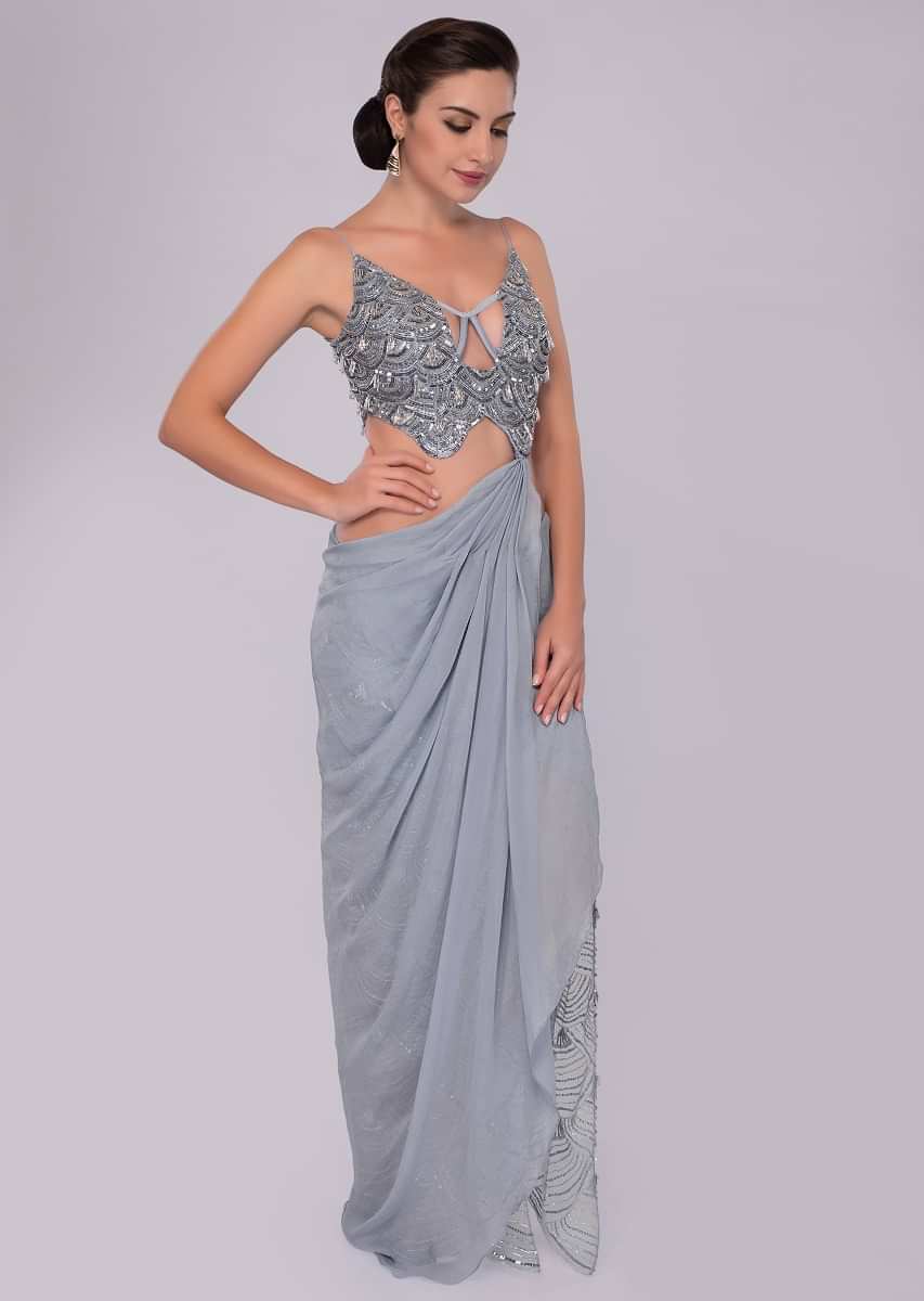 Blue heather fancy saree gown with side slit drape and attached pallo 