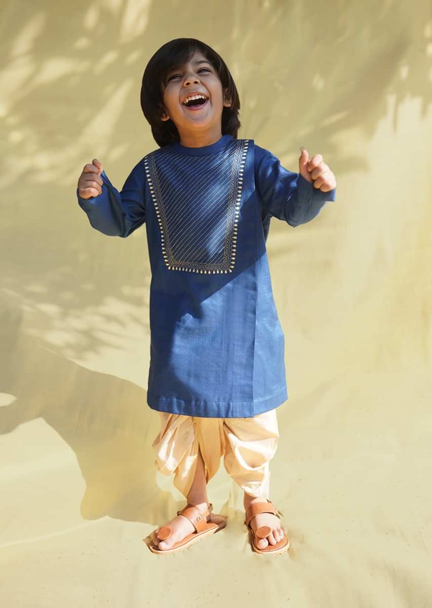 Kalki Boys Blue Kurta And Dhoti Set In Hand-woven Cotton Silk With Delicate Embroidery On The Yoke By Tiber Taber
