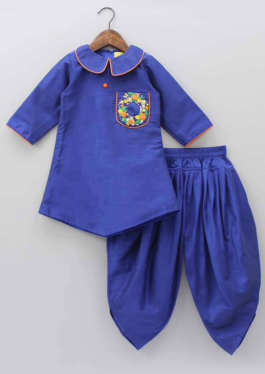 Blue Kurti With Embroidered Pocket And Dhoti Pants Online - Kalki Fashion
