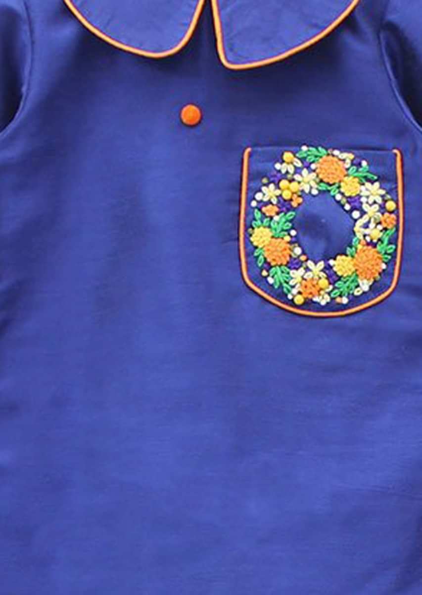 Blue Kurti With Embroidered Pocket And Dhoti Pants Online - Kalki Fashion