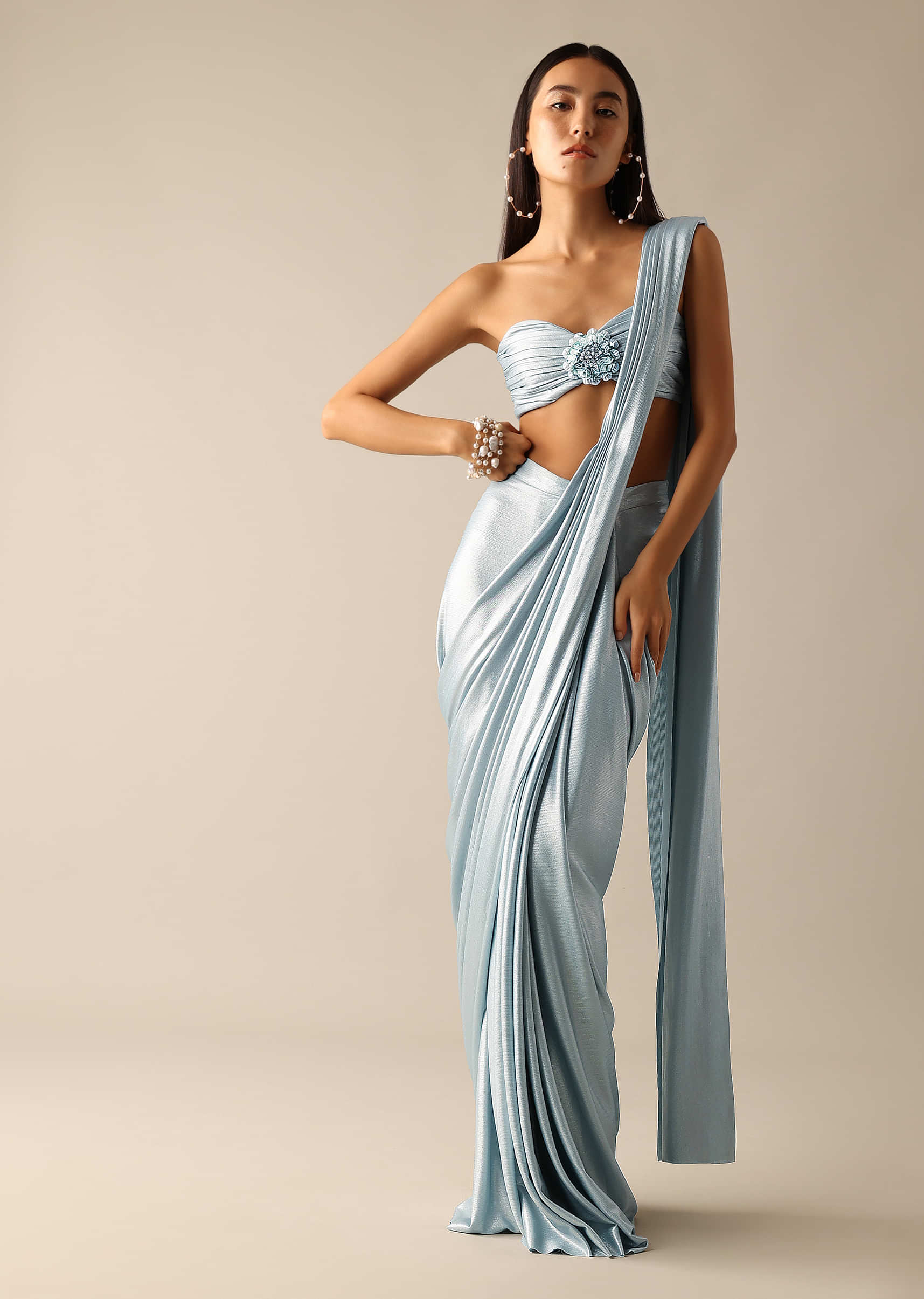Blue Metallic Ruched Blouse with Pre-Stitched Saree