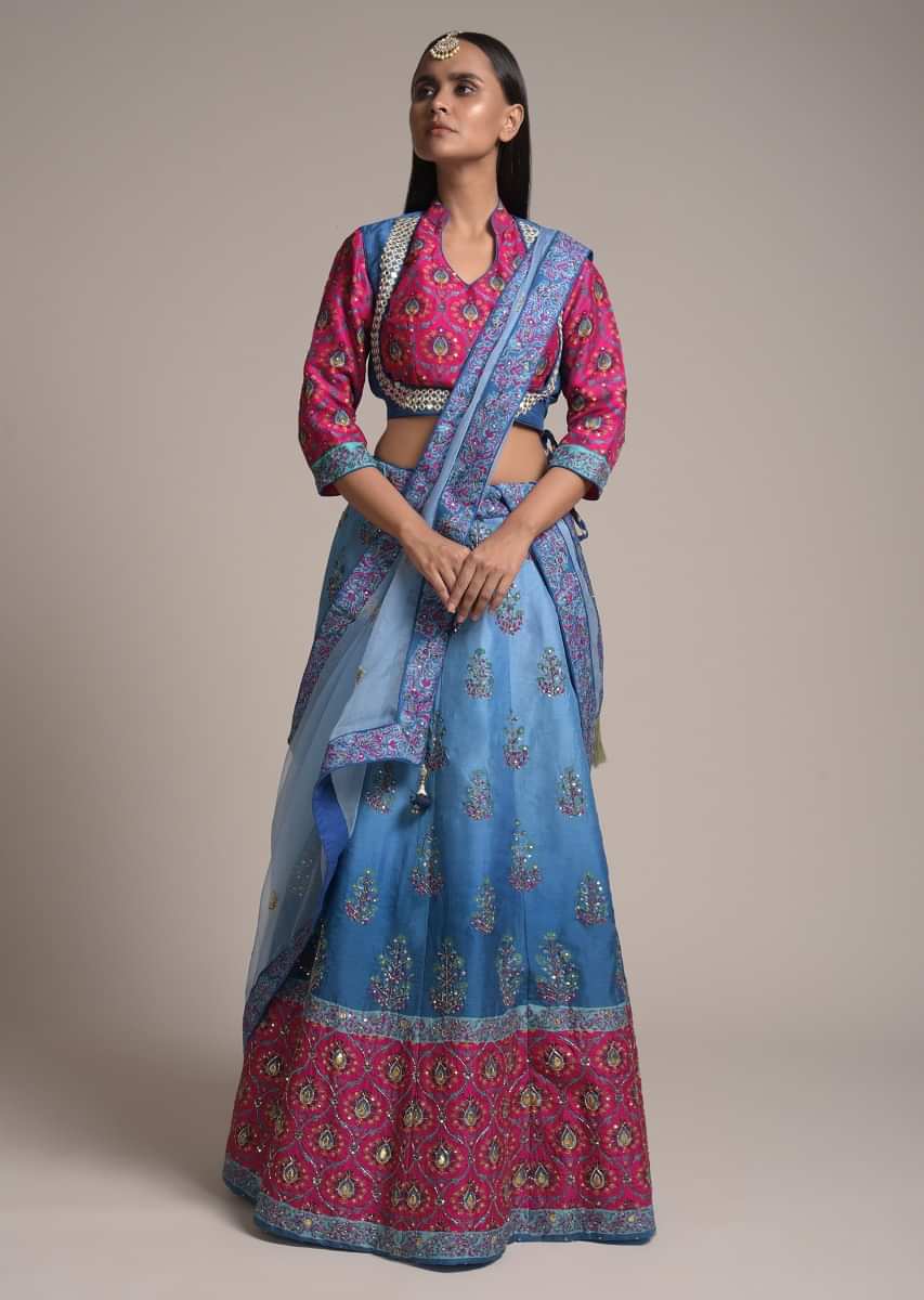 Blue Ombre Printed Lehenga Choli With Floral Motifs And Magenta Moroccan Border Along With Gotta Patti Accents 