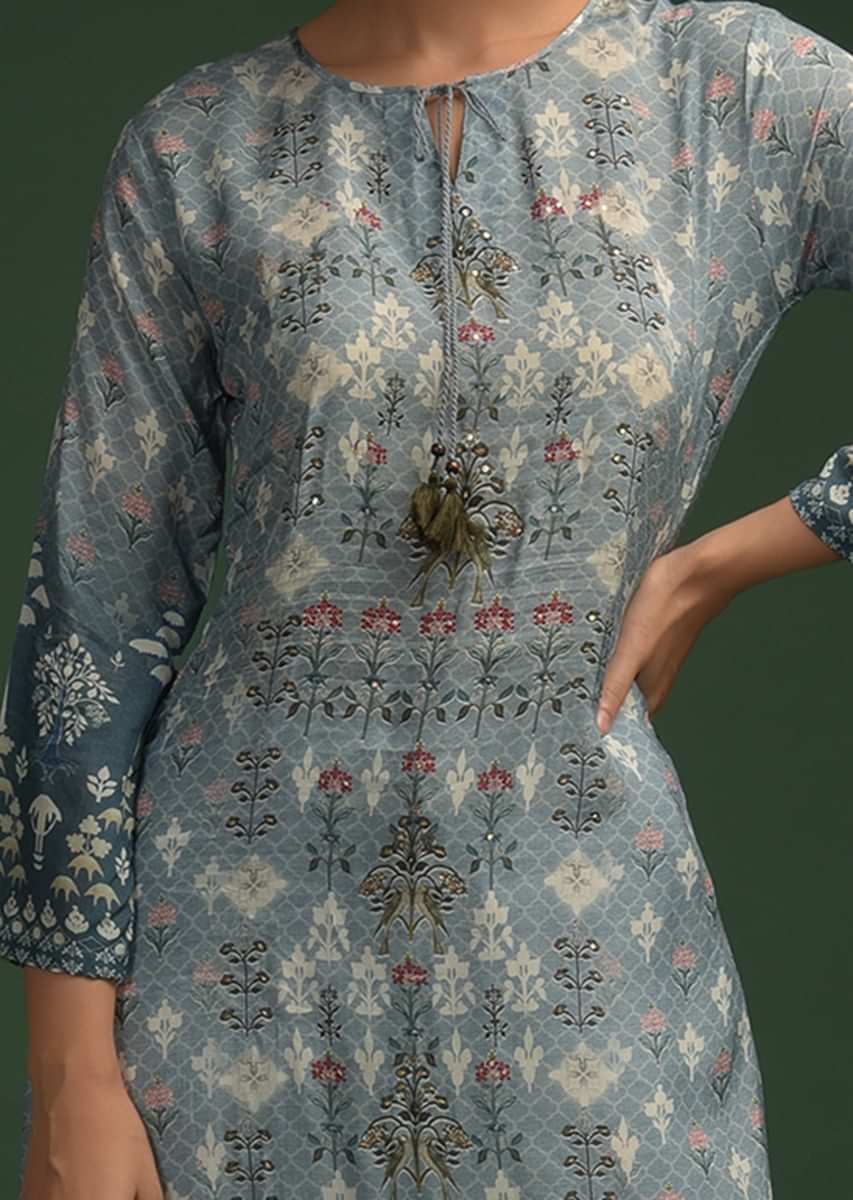Blue Ombre Straight Cut Kurti In Cotton With Floral And Moroccan Print Along With Sequin Accents 