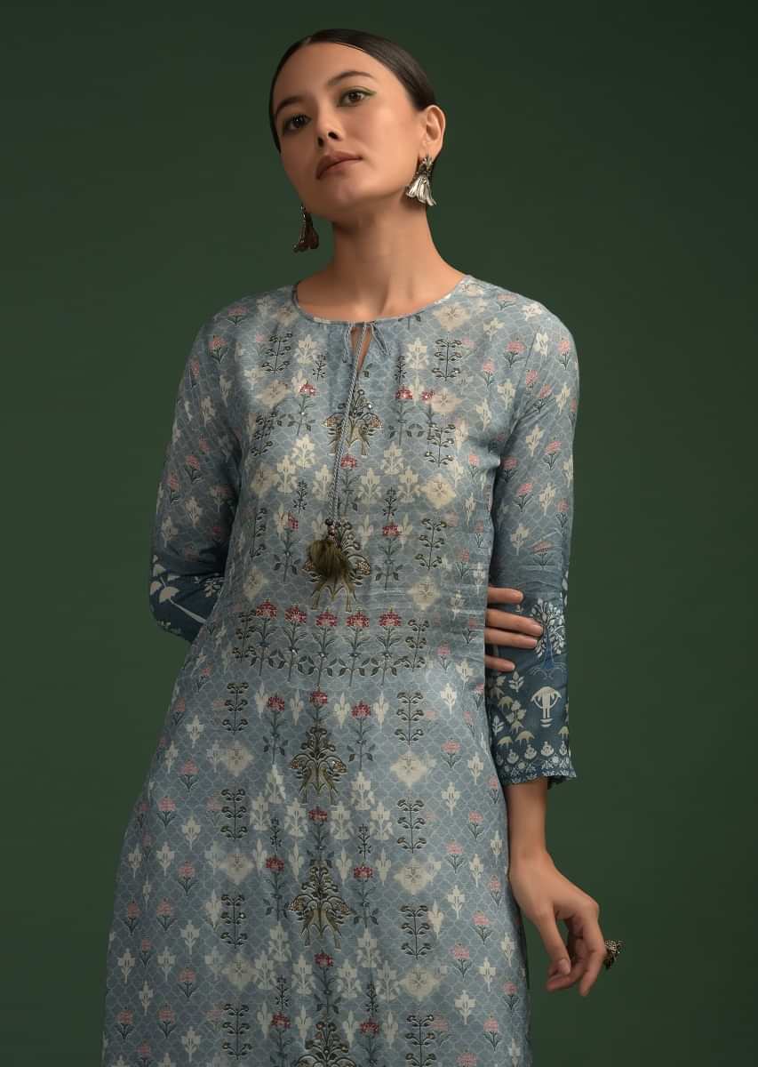 Blue Ombre Straight Cut Kurti In Cotton With Floral And Moroccan Print Along With Sequin Accents 