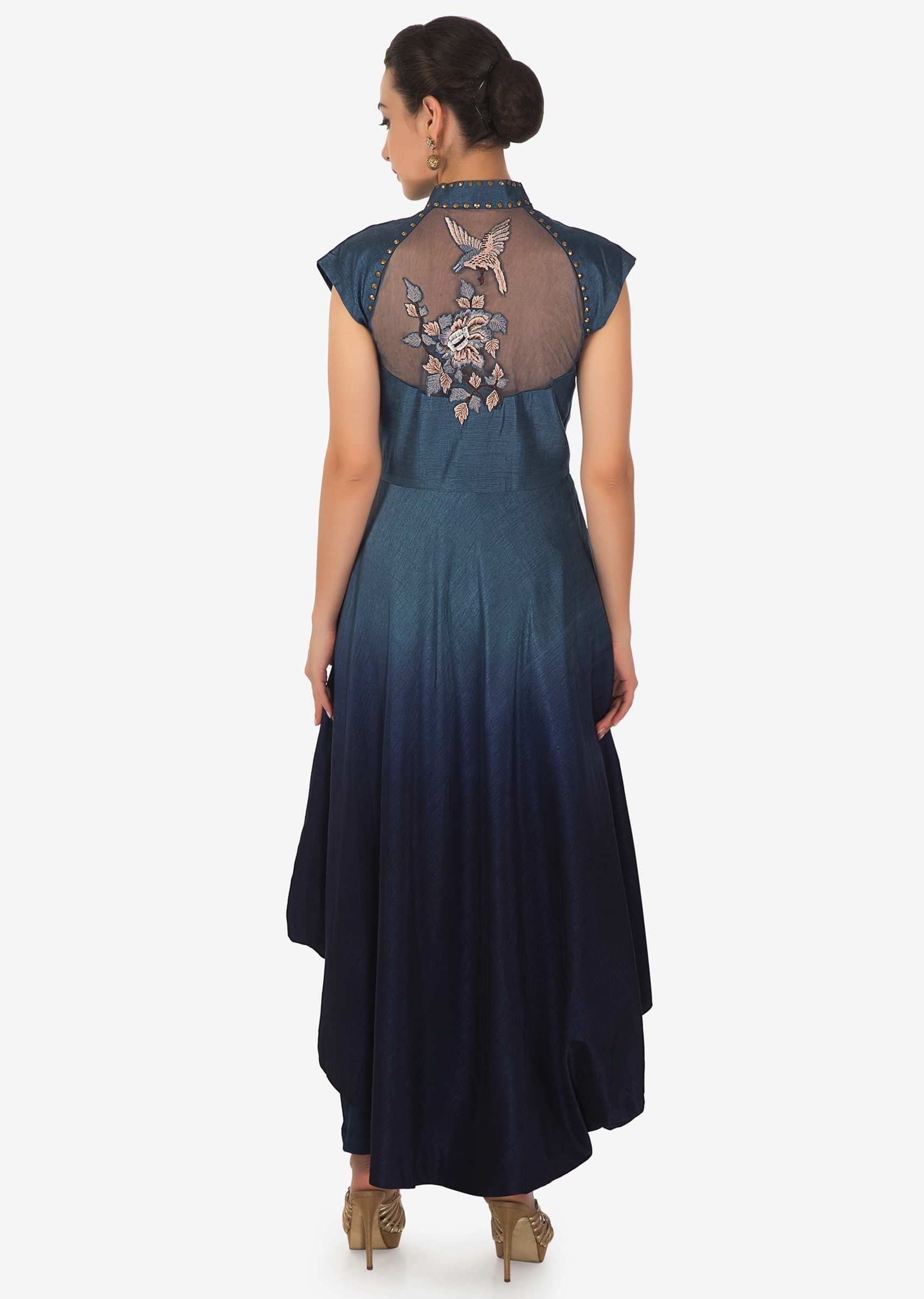 Blue shaded A line suit in asymmetric hem line and resham work only on Kalki