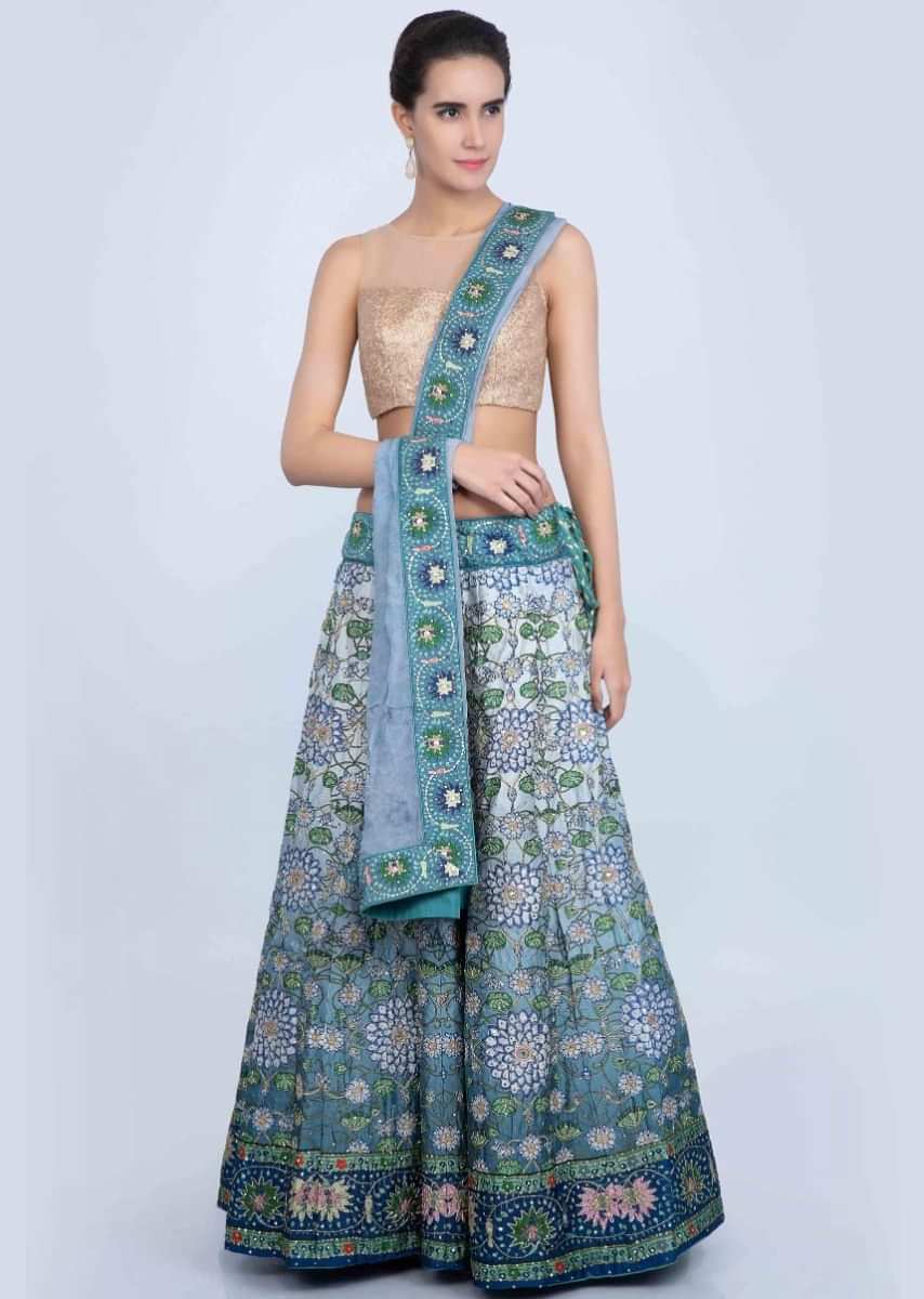 Blue Shaded Lehenga Along With Embroidery And Digital Print Online - Kalki Fashion