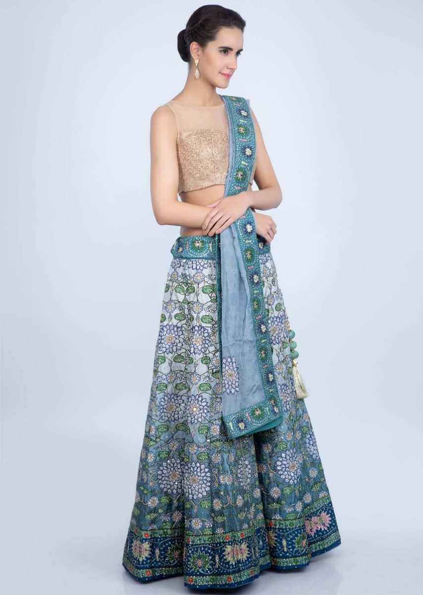 Blue Shaded Lehenga Along With Embroidery And Digital Print Online - Kalki Fashion