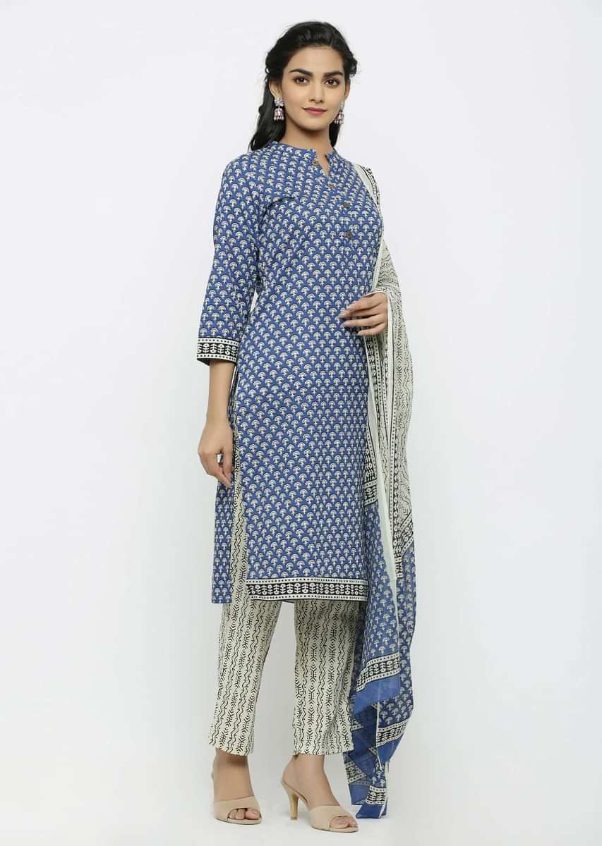 Blue straight suit with batik print and Matched with pants and dupatta  