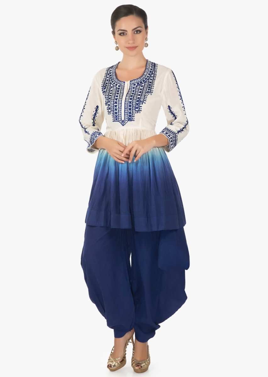 Blue white Flared short cotton  kurti with a matching blue dhoti pants  only on kalki
