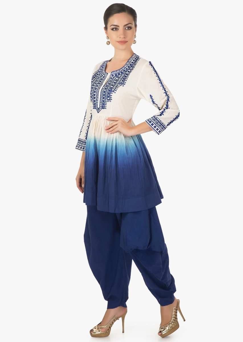 Blue white Flared short cotton  kurti with a matching blue dhoti pants  only on kalki