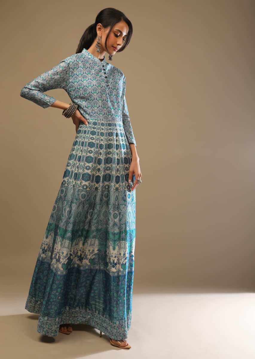 Buy Steel Blue Anarkali Suit In Cotton Silk With Floral Printed Buttis ...