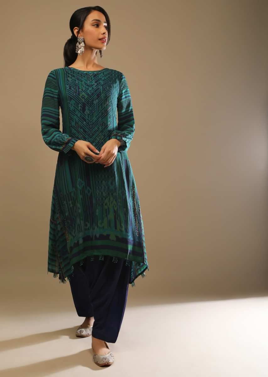 Blue And Green High Low Kurta And Cowl Pants Set With Tribal Print  