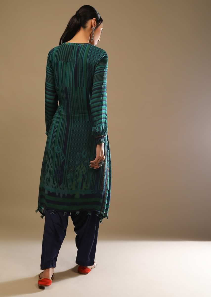 Blue And Green High Low Kurta And Cowl Pants Set With Tribal Print  