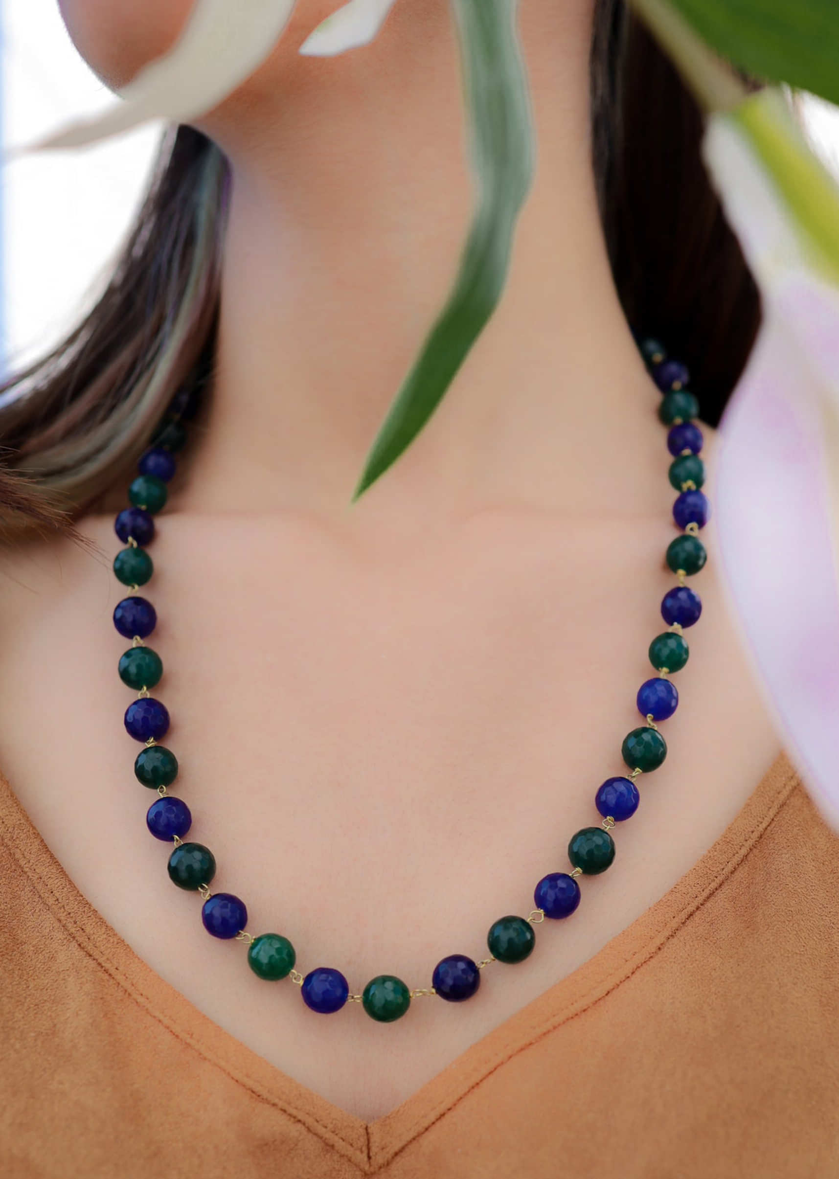 Blue And Green Pearl String Necklace With Gold Plating