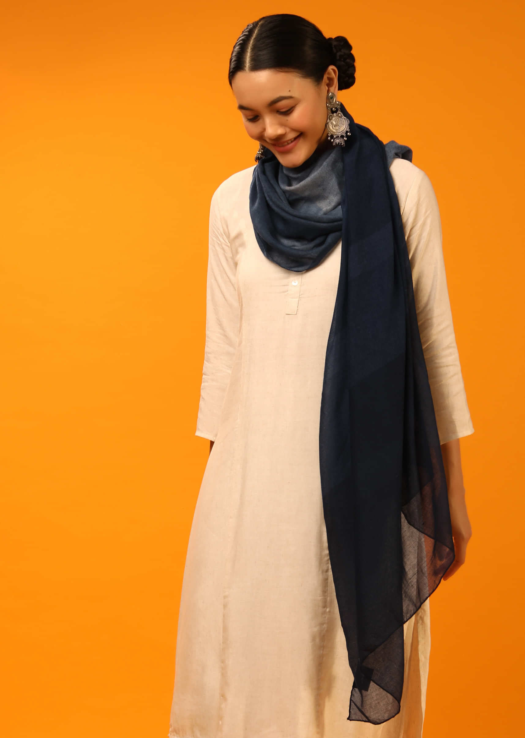 Blue And Grey Shaded Scarf In Cotton Blend With Striped Print Online - Kalki Fashion