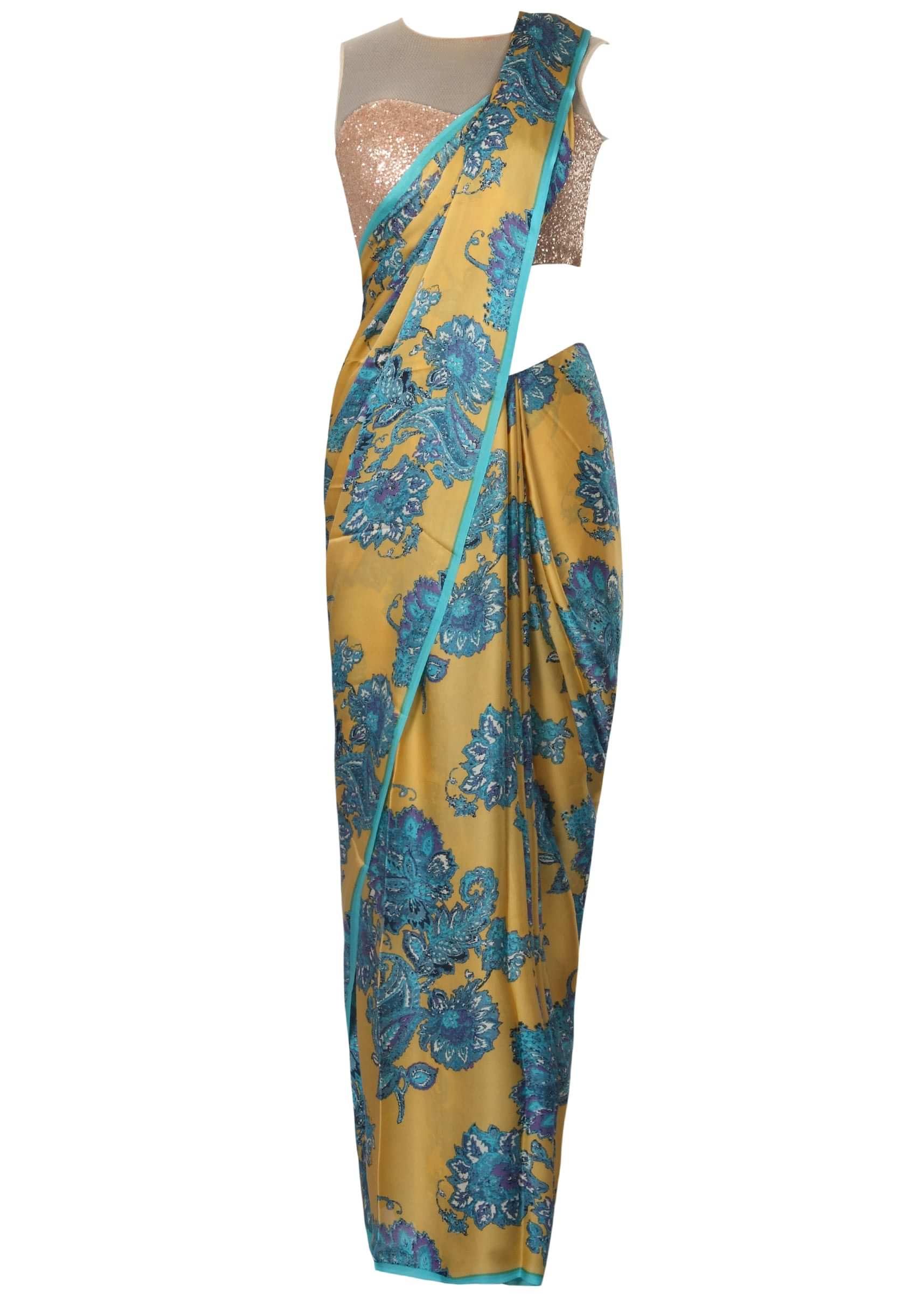 Blue and mustard saree in georgette with floral and paisley  print only on Kalki