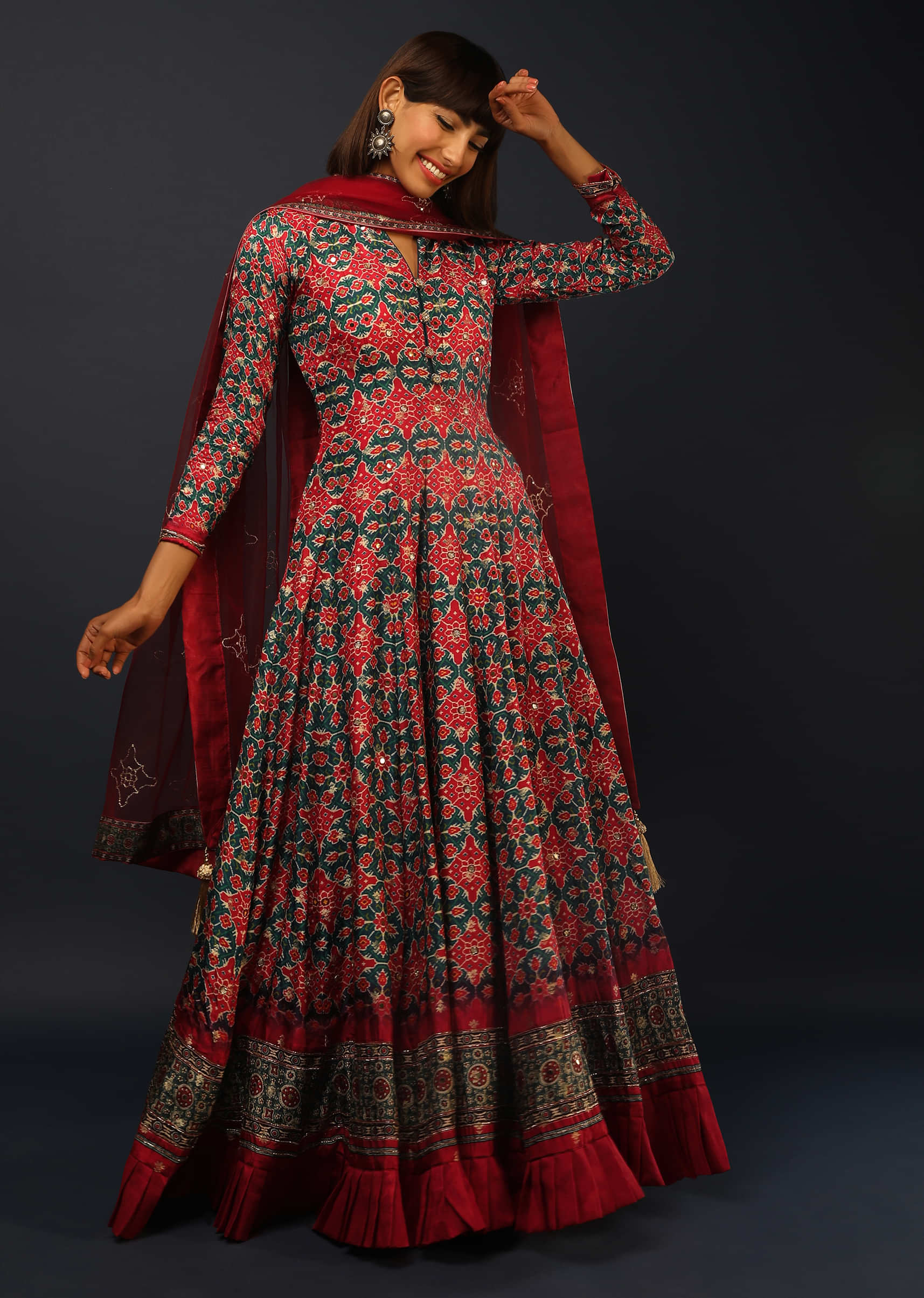 Blue And Red Anarkali Suit In Brocade Silk With Patola Print All Over  
