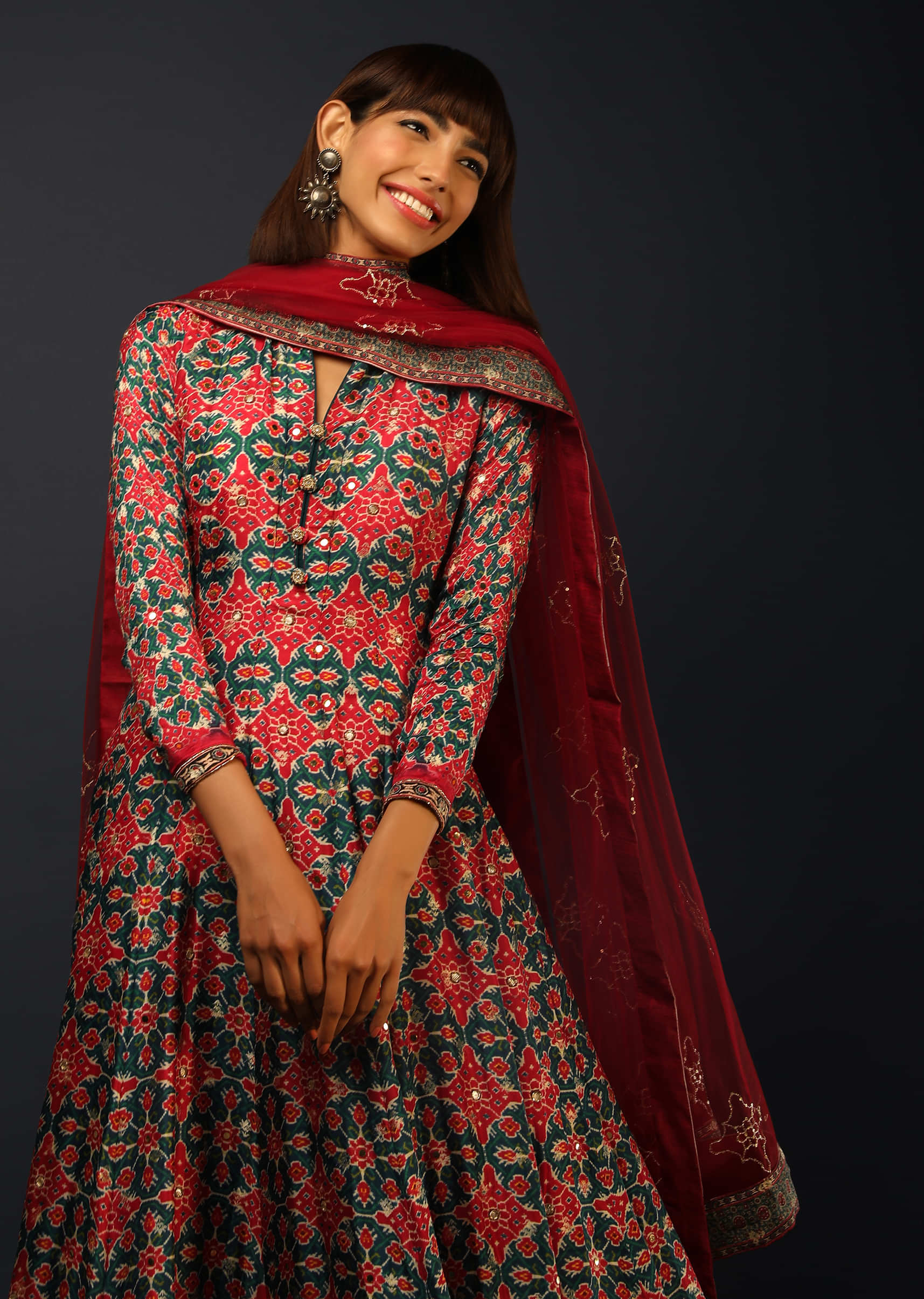 Blue And Red Anarkali Suit In Brocade Silk With Patola Print All Over  