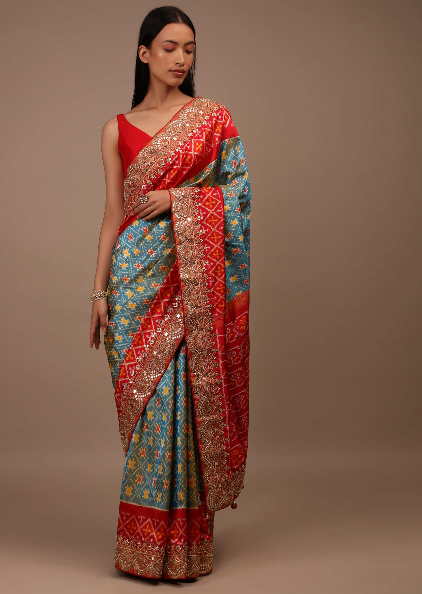 Blue And Yellow Two Toned Saree In Silk With Pure Patola Weave And Gotta Patti Embroidered Border