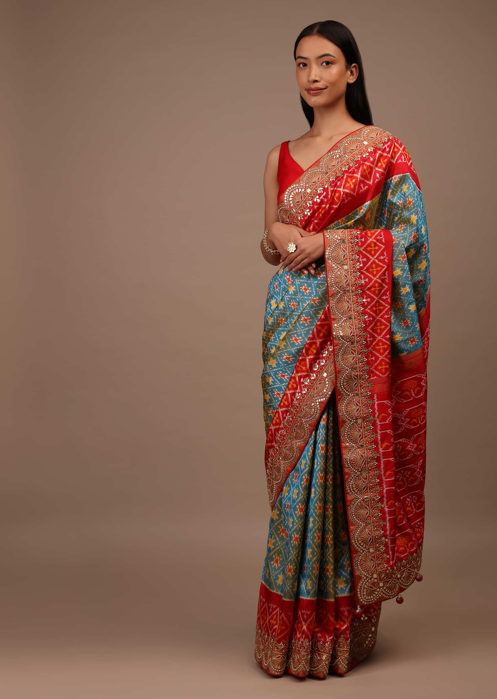 Blue And Yellow Two Toned Saree In Silk With Pure Patola Weave And Gotta Patti Embroidered Border