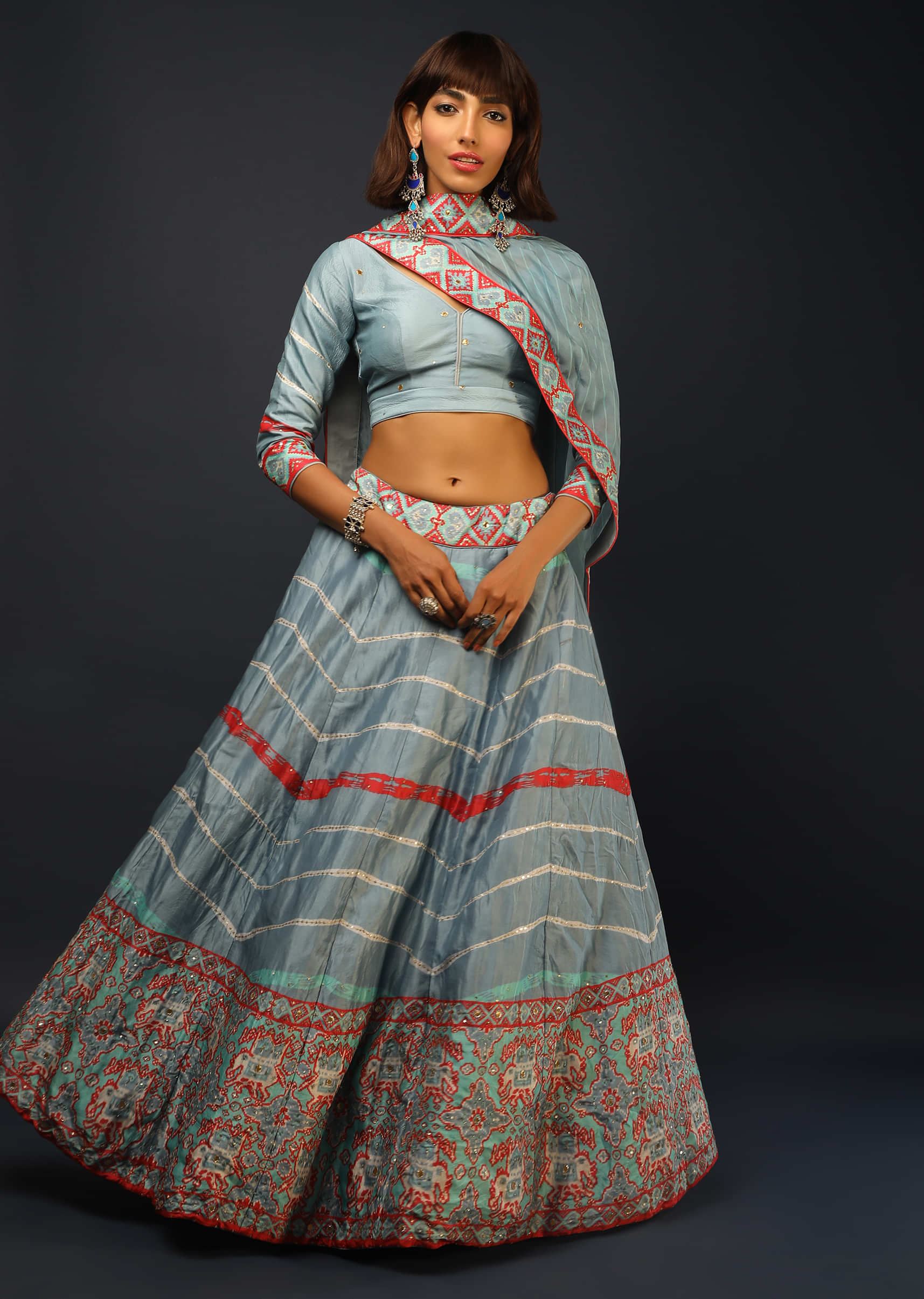 Blue Bell Lehenga In Silk With Tie Dye Printed Stripes And Multicolored Patola Border 