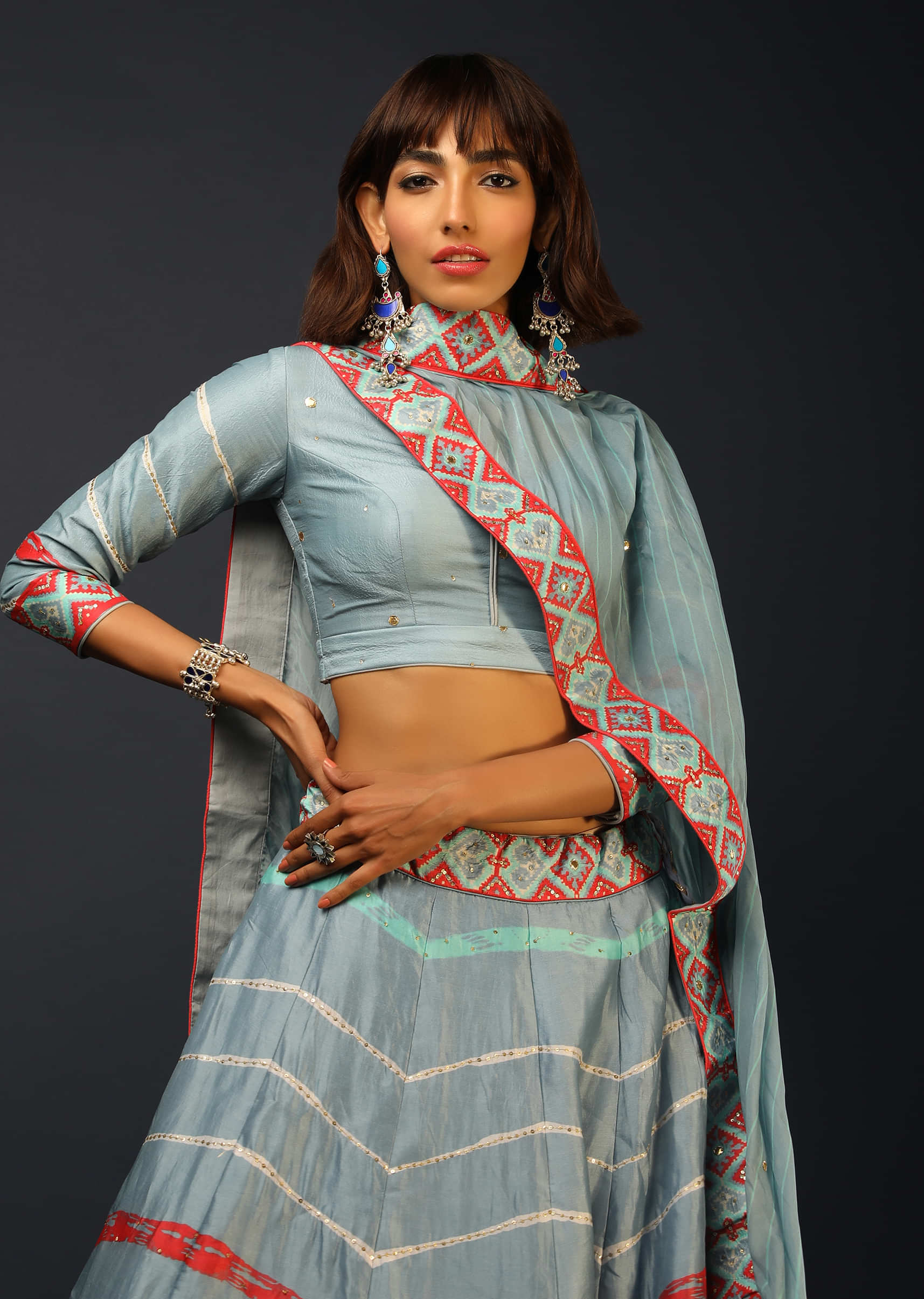 Blue Bell Lehenga In Silk With Tie Dye Printed Stripes And Multicolored Patola Border 